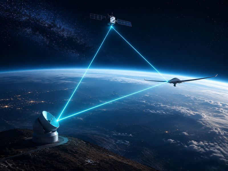 Functional architecture connecting a satellite, an airborne platform and an optical ground station.