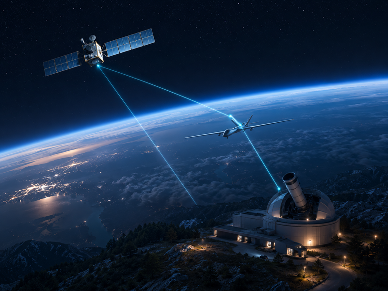 Optical-connectivity use cases across orbit, an airborne platform and a ground station.