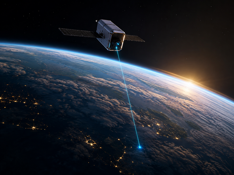 SpaceDrone-DataLink satellite establishing an optical link to Earth.